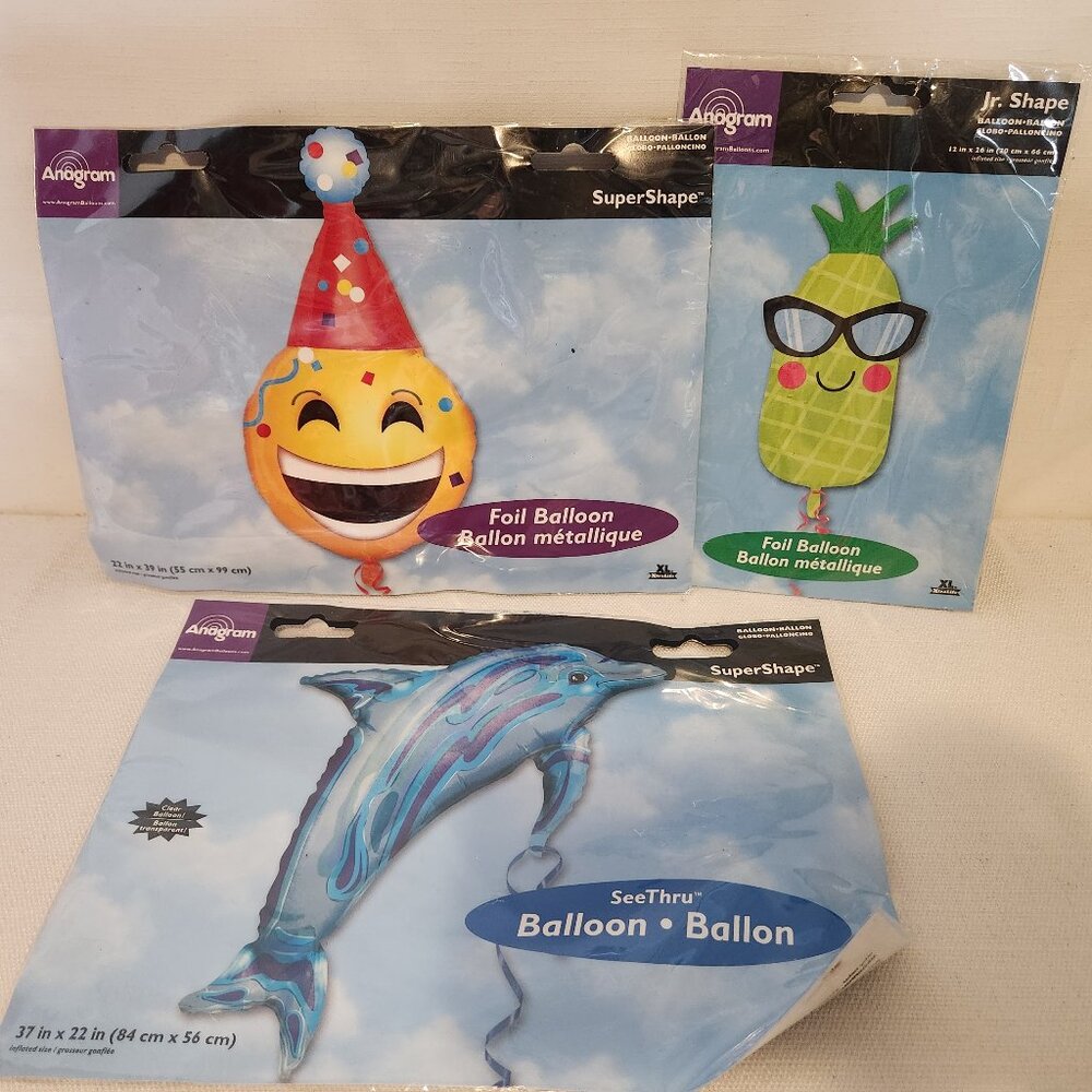 Holiday Foil Balloons - Multicolor Set 3 lot of Balloons for Kids Dolphin, Smile